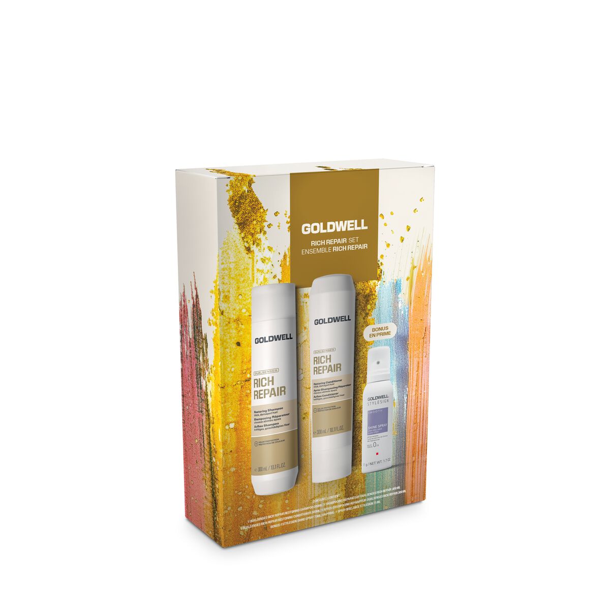 Goldwell Dualsenses Rich Repair Holiday Set with shampoo, conditioner and StyleSign Shine Spray