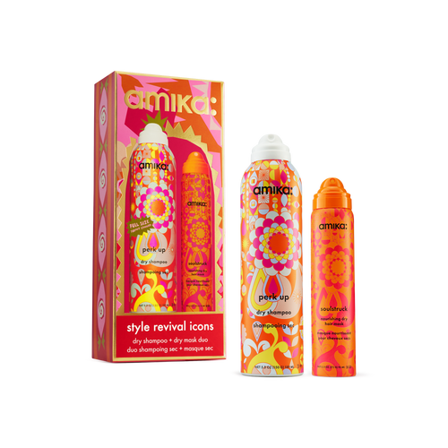 amika Style Revival Icons set with Perk Up dry shampoo and Soulstruck dry hair mask beside the gift box