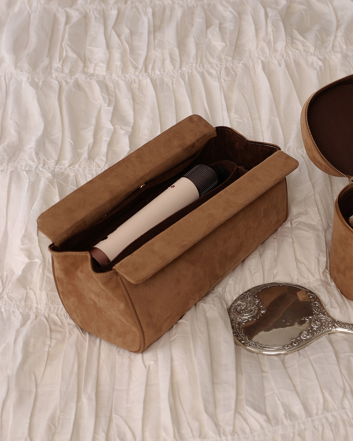 Honey suede Louenhide Margot hair tool travel case with styling wand
